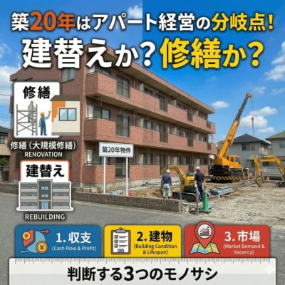 築20年はアパート経営の分岐点。建て替えか？修繕か？を判断する3つのモノサシのイメージ画像