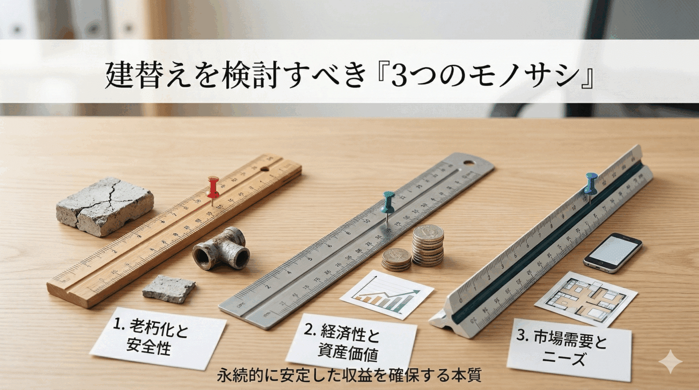 建替えを検討すべき「3つのモノサシ（判断軸）」をイメージした画像
