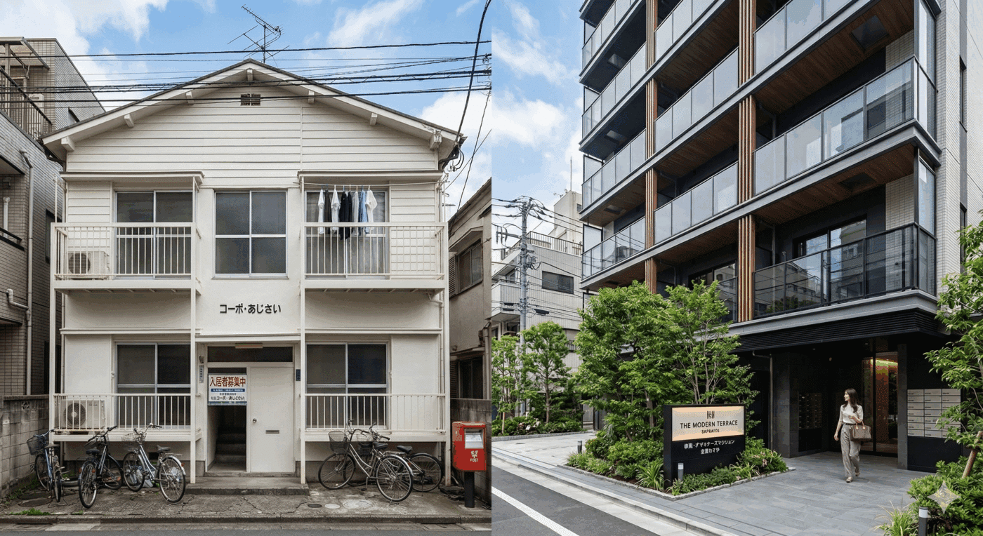 供給過多の市場において、単に「綺麗になった古いアパート」は、新築やコンセプト物件との比較対象にすら入らないのが現実をイメージした画像