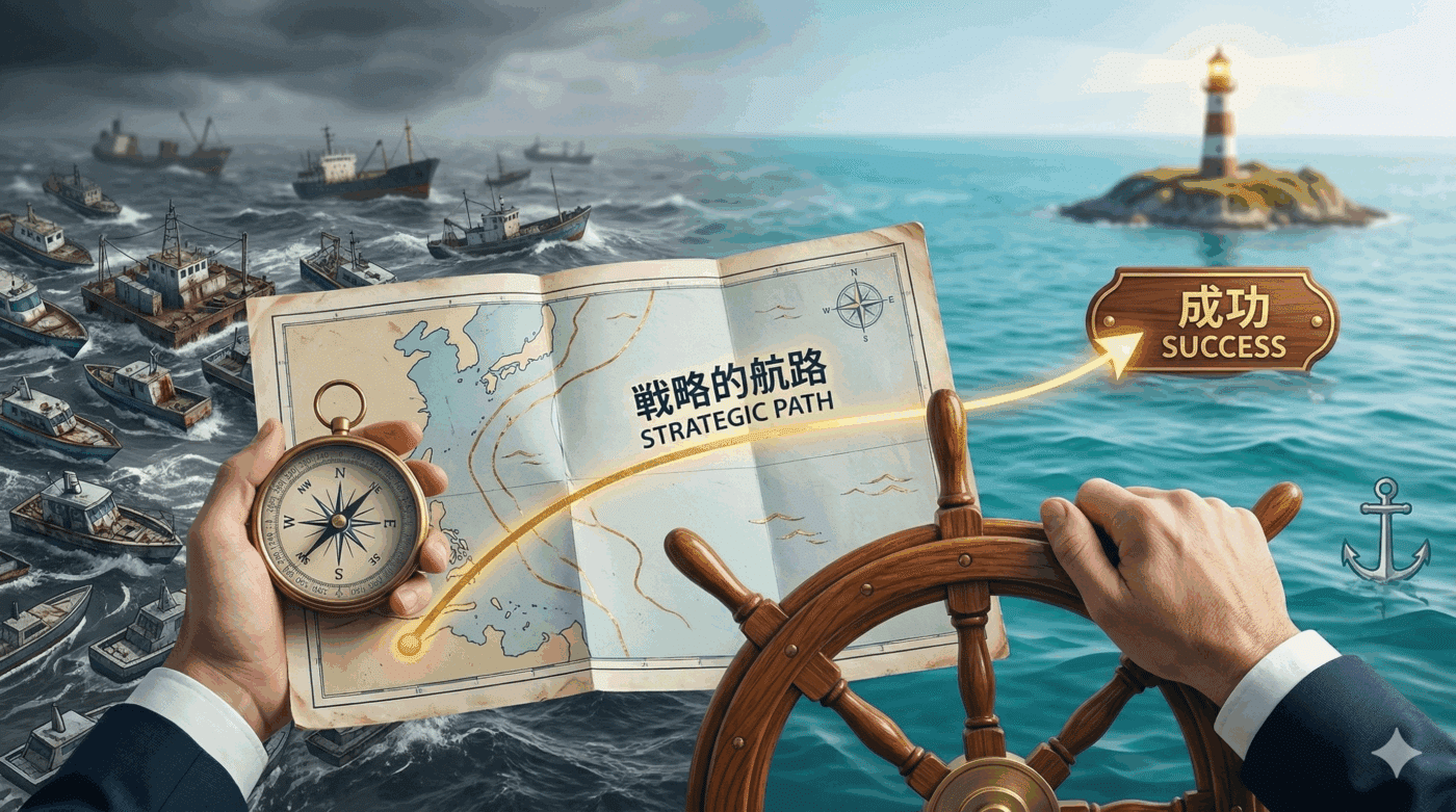 海図と羅針盤を持って、目的地を定めて、そこに向かう航路（戦略）を定めて、舵を切ることが成功への秘訣をイメージした画像