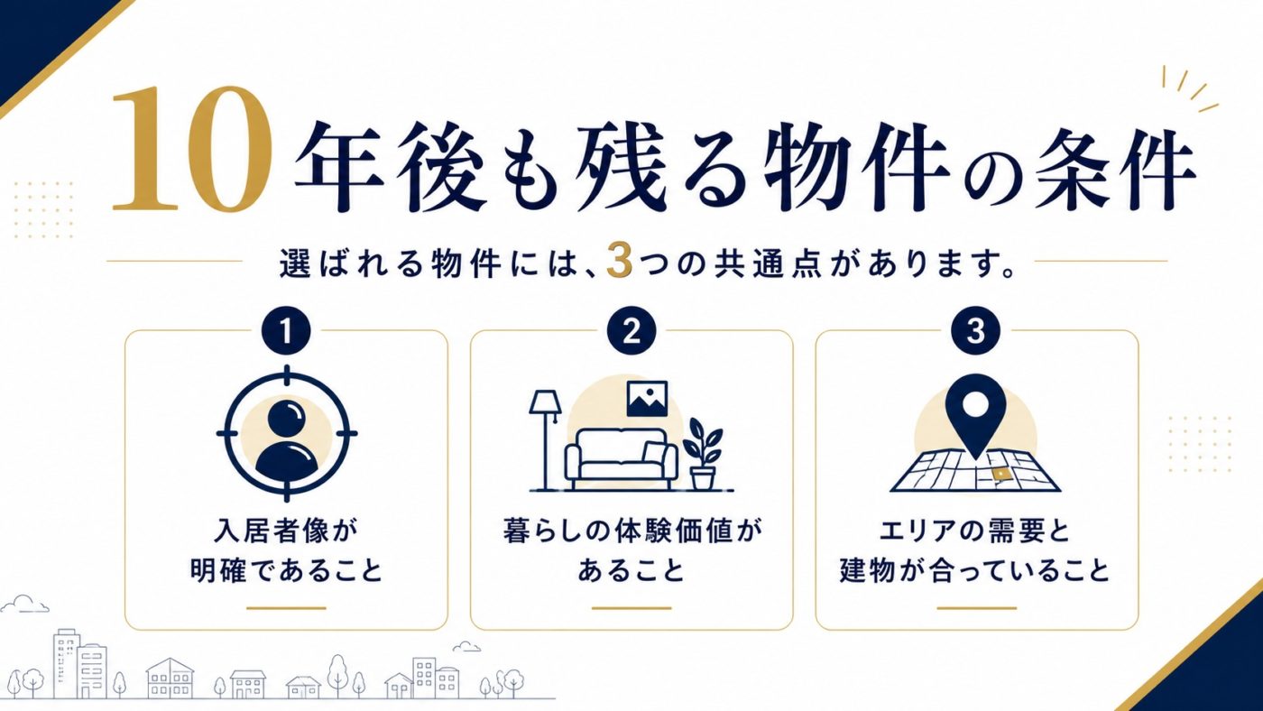 【2026年版】アパート市場は二極化時代へ!10年後に残る物件の条件 4 株式会社GIFTが作成したブログの「10年後も残る物件の条件」のインフォグラフィック画像