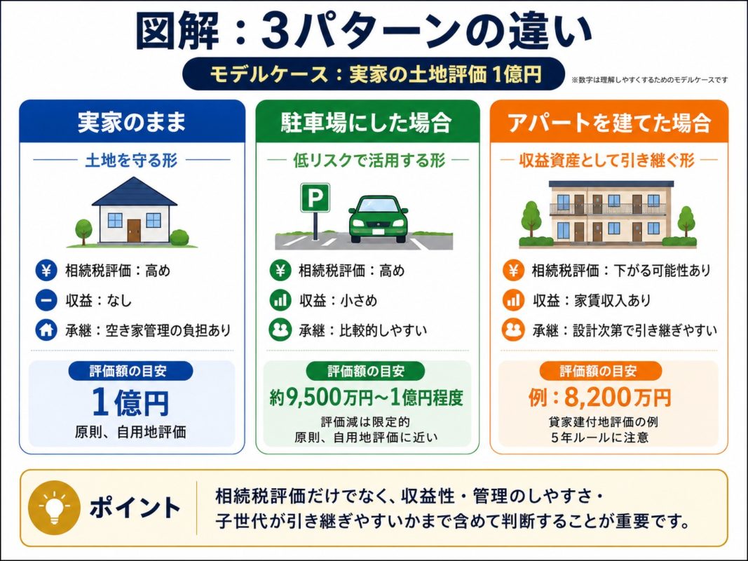 【2026年版】相続で後悔しないアパート設計/子世代が安心して引き継げる賃貸経営の考え方 6 株式会社GIFTが作成した実家の土地活用の3パターンの評価額の違いの図解の画像