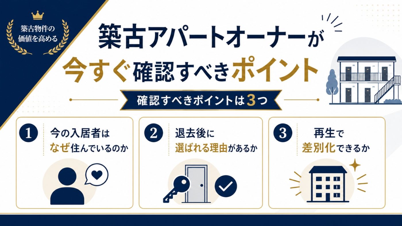 【2026年版】アパート市場は二極化時代へ!10年後に残る物件の条件 5 株式会社GIFTが作成したブログの「築古アパートオーナーが今すぐ確認するべきポイント」のインフォグラフィック画像