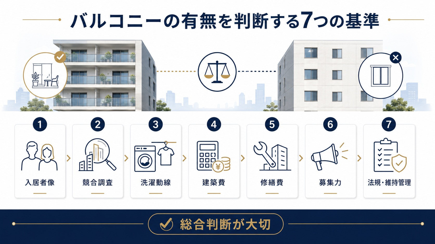 「バルコニーなし住宅」が5年度分の比較で約3倍に!10年後も選ばれる賃貸住宅の新基準 5 株式会社GIFTのブログで賃貸住宅でバルコニーの有無を判断すべき7つの基準をイメージした画像