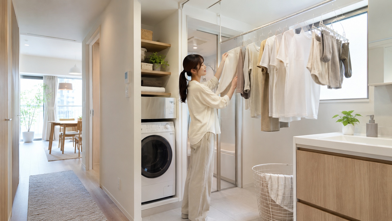 「バルコニーなし住宅」が5年度分の比較で約3倍に!10年後も選ばれる賃貸住宅の新基準 3 バルコニー無しの室内干しをしている実例の画像