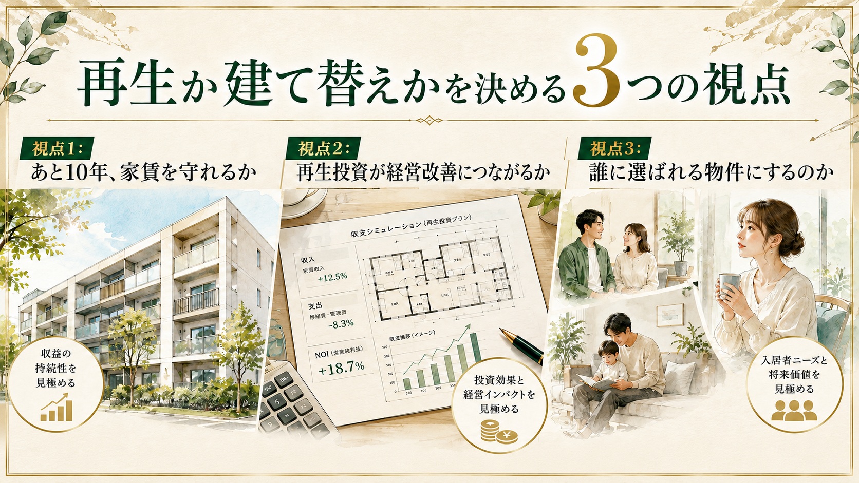 株式会社GIFTのブログ「築古アパートは再生か建て替えか？判断基準と見極めポイント 」の「再生か建て替えかを決める３つの視点」を表現した画像