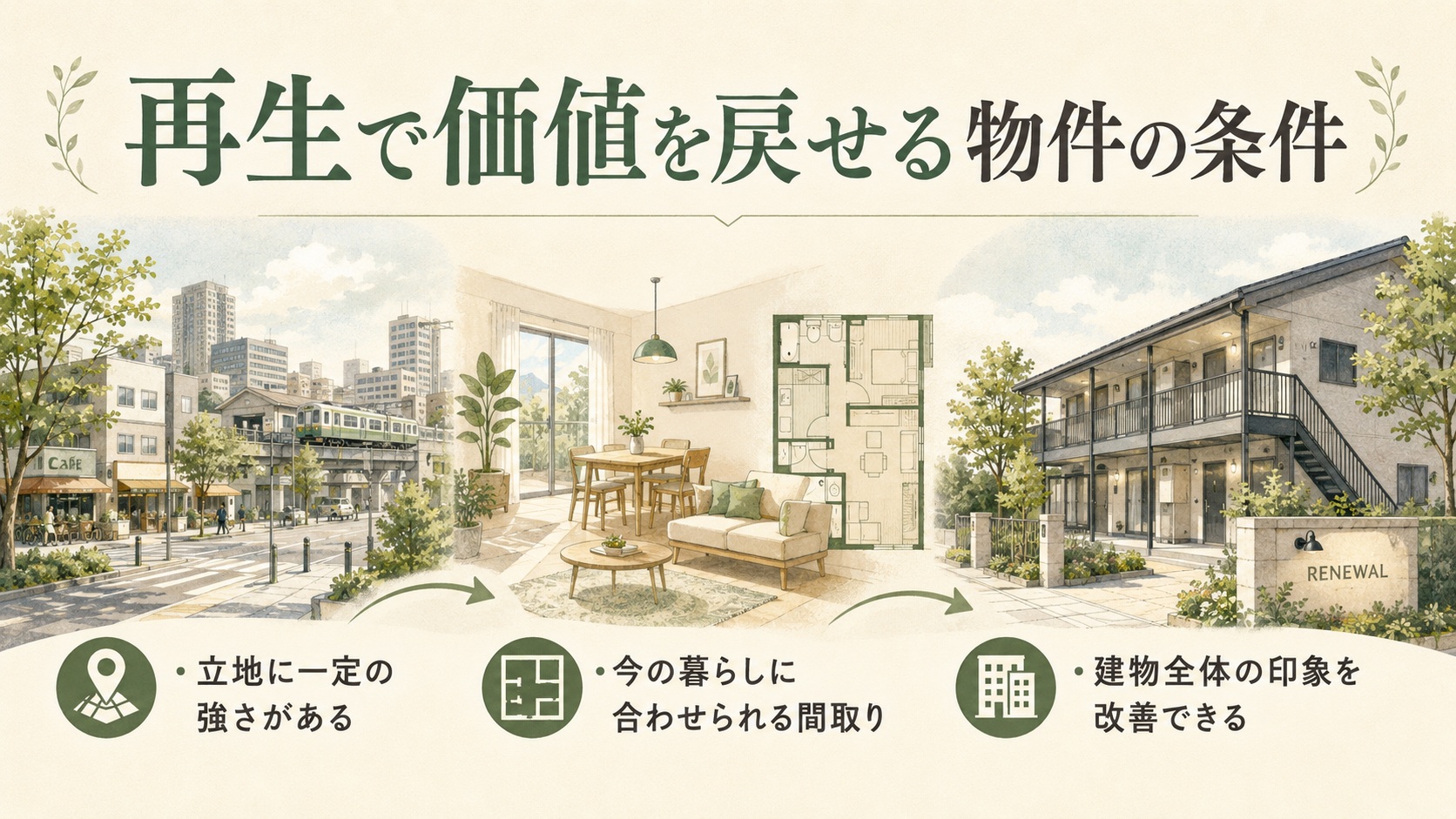 株式会社GIFTのブログ「築古アパートは再生か建て替えか？判断基準と見極めポイント 」の「再生で価値を戻せる物件の条件」を表現した画像